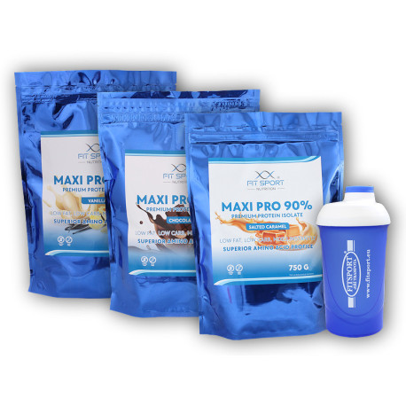 3x Maxi Pro 90% 750g + Fitsport šejker - jahodový